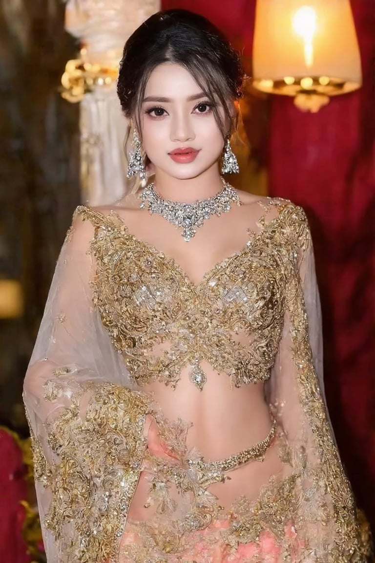 Masterpiece, high quality, 4K, beautiful design, shiny, from the front, award winning photo, extremely detailed, amazing, fine detail, absurdres, highly detailed woman, extremely detailed eyes and face,  solo, 1girl, babe, glossy, big , wifs, sparkling fabric, incrusted with jewels, visible midriff , woman wearing a wifs, posing inside a castle with an oriental architecture, golden embroidery,  