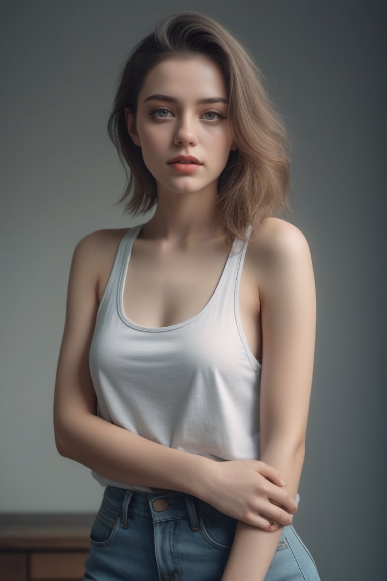 Beautiful woman wearing a tank top, analog photograph, professional fashion photoshoot, hyperrealistic, masterpiece, trending on artstation,krrrsty