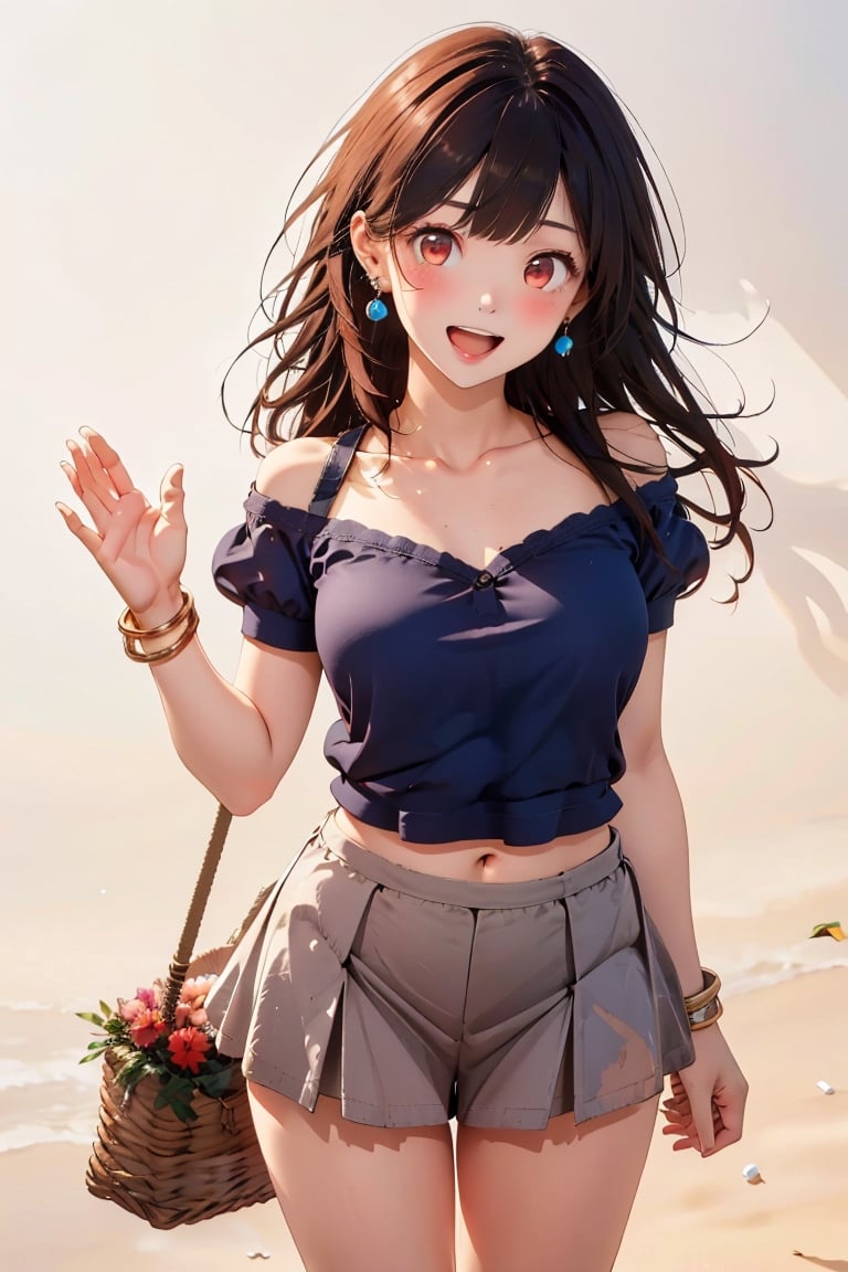 1girl, solo, long hair, looking at viewer, blush, smile, open mouth, bangs, skirt, simple background, brown hair, shirt, red eyes, white background, holding, bare shoulders, brown eyes, jewelry, very long hair, standing, collarbone, short sleeves, :d, earrings, hand up, miniskirt, bracelet, blue skirt, head tilt, one side up, blue shirt, arm behind back, waving, basket, shoulder cutout