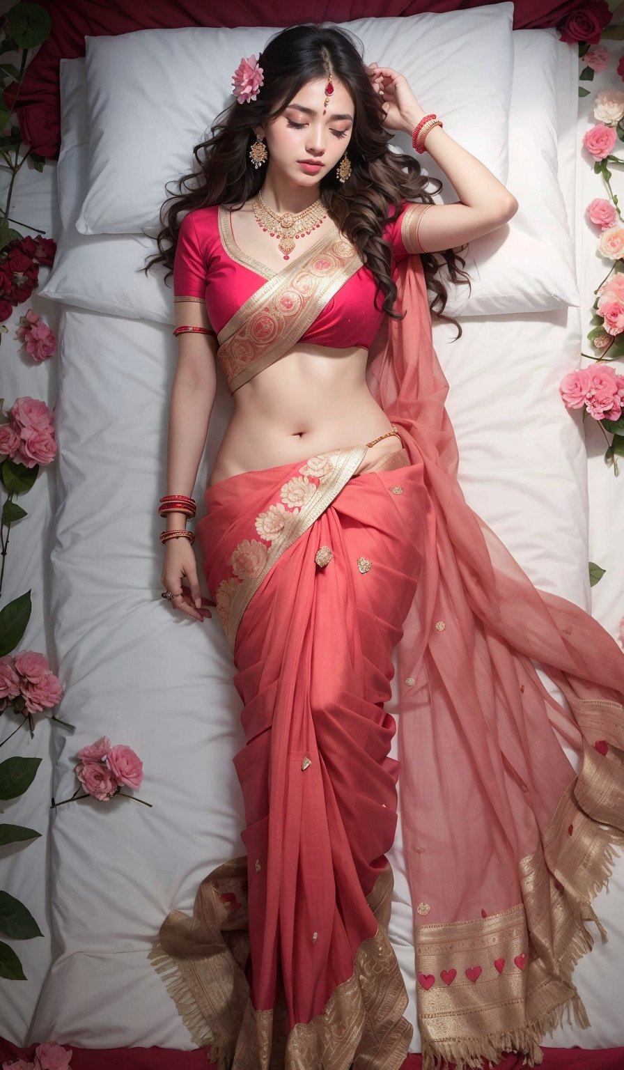 Aa Indian women,wear pink saree,sleep on bed,bed is carefully decorated with red flowers and made heart on bed,a heart make of light tag on wall and written LOVE, beautiful girl,real,realistic,wear hearing