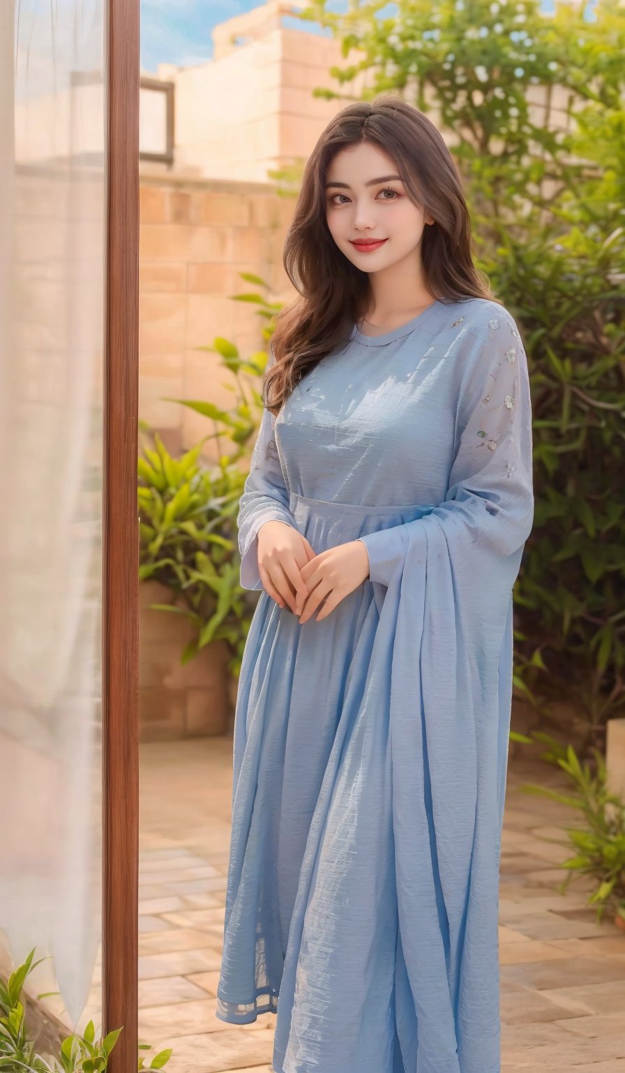 A young woman with bright smile, wearing a lightweight, floral-patterned sundress with flowing sleeves and a relaxed fit, stands against a serene background of lush greenery and blue sky, sunlight casting warm highlights on her hair and shoulders as she gazes directly at the camera with carefree expression.