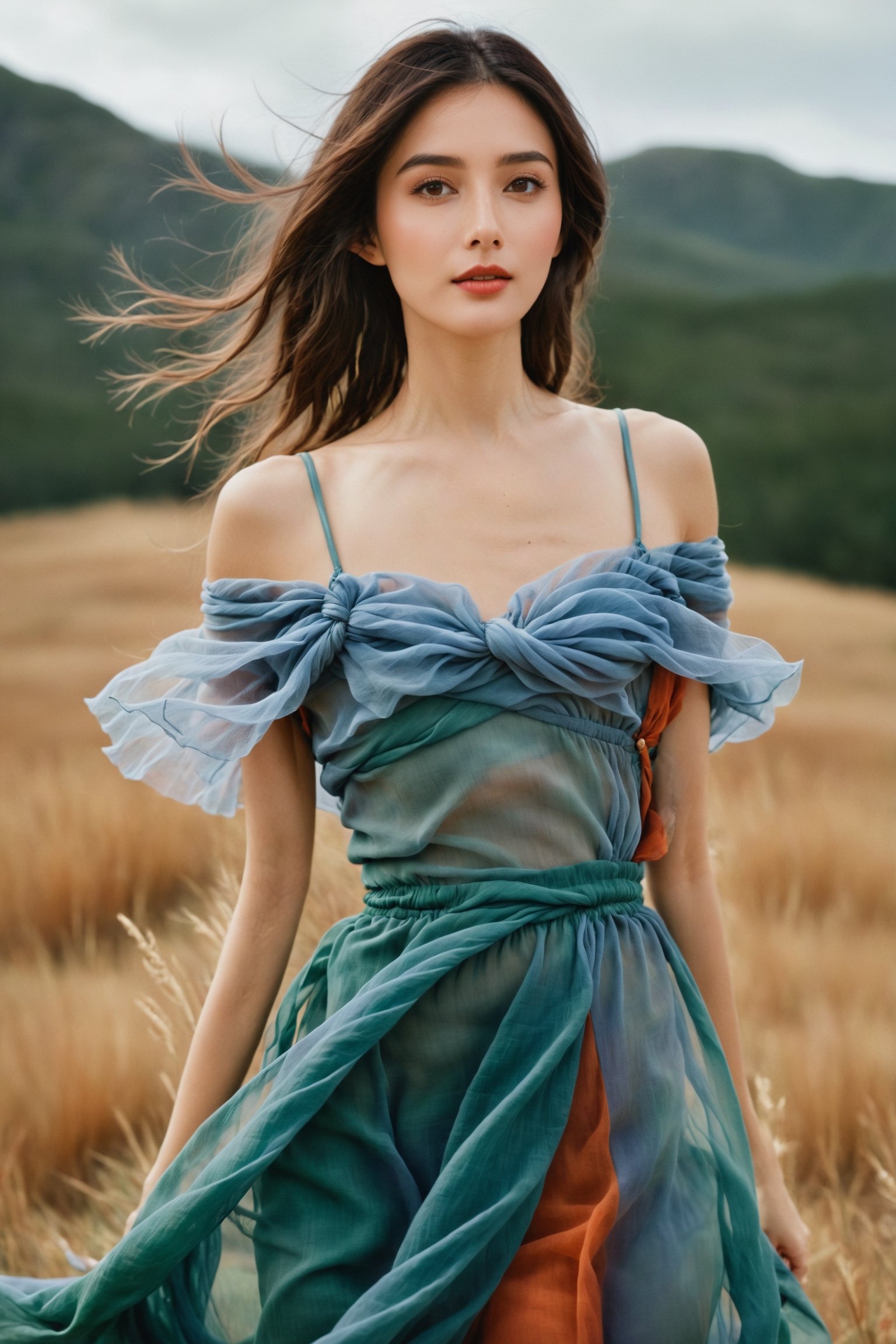 Inspired by photography from Vogue magazine, On a cloudy day, a woman is wearing a romantic transparent gauze, like clouds, a colorful long skirt, the woman's face is looming, the atmosphere is like smoke and a dream, it is indescribably beautiful.