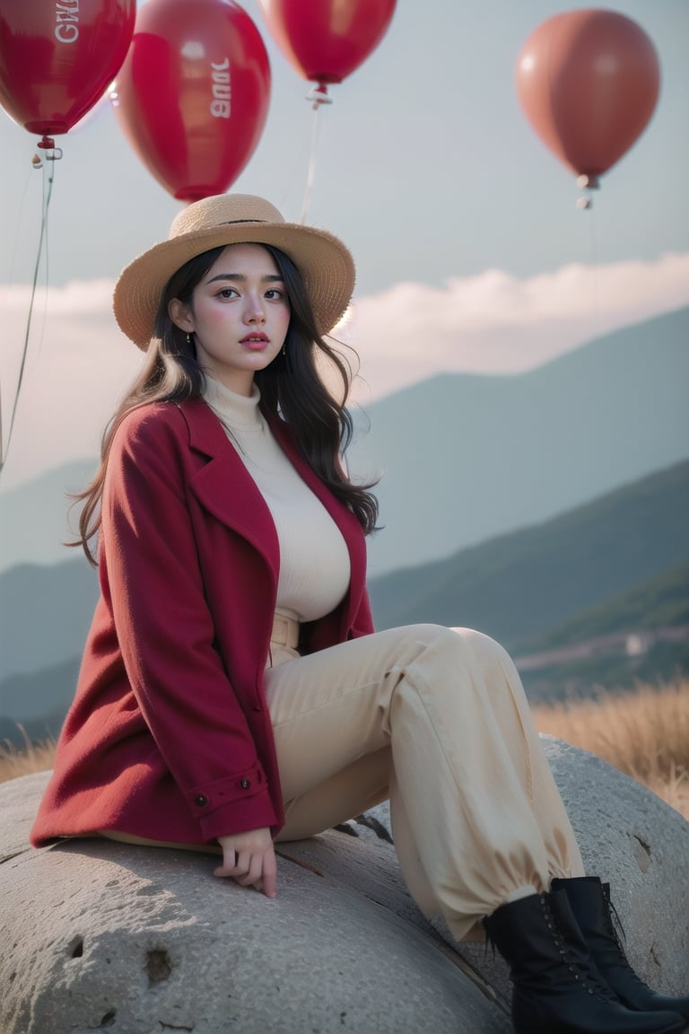 hight quality, realistic, hd, 8 k, beautiful face, araffe woman in red coat and hat sitting on rock with hot air balloons in the background, big boobies, red fabric coat, red coat, red leather short coat, cool red jacket, full body black and red longcoat, dilraba dilmurat, red jacket, casual clothing style, red clothes, straw hat and overcoat, colorful with red hues