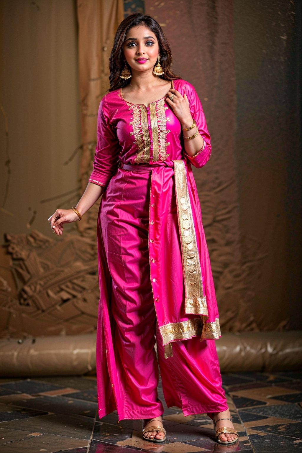 1 Woman, mature, pink salwar with nice pattern, gold bangles, gold earrings, gold nose ring, turquoise eyes, pear body, plump waist, pose emphasizing hips, dark background