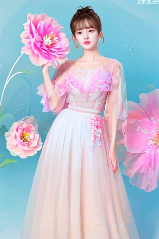 1girl beauty is standing on the flower,the facial details are perfect,and the character details are exquisite,trendy fashion clothes,trendy portraits,bright colors,clean background,3D cartoon style rendering,Panoramic view,large aperture,pop Mart production,delicate gloss,8K gradient translucent glass melt,frosted glass