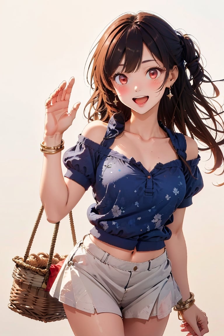 1girl, solo, long hair, looking at viewer, blush, smile, open mouth, bangs, skirt, simple background, brown hair, shirt, red eyes, white background, holding, bare shoulders, brown eyes, jewelry, very long hair, standing, collarbone, short sleeves, :d, earrings, hand up, miniskirt, bracelet, blue skirt, head tilt, one side up, blue shirt, arm behind back, waving, basket, shoulder cutout