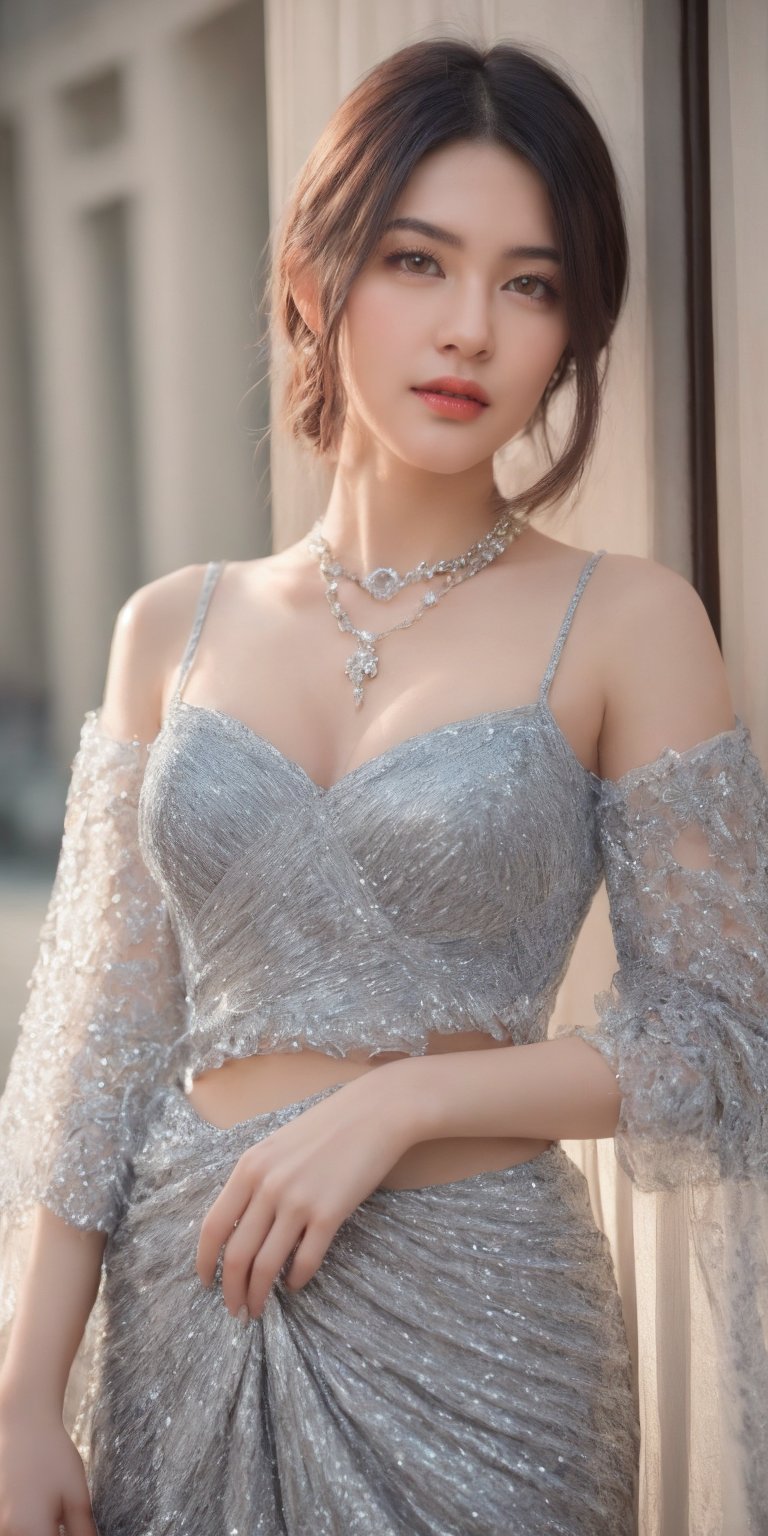 A stunning portrait of a Japanese idol with her hair styled in an elegant updo, smile, necklace, chiffon dress, showcases a mesmerizing crystal and silver entanglement above her waist. The high-definition image is a masterpiece, featuring intricate textures and hyper-quality details that leap off the page. Every delicate texture is meticulously rendered, 