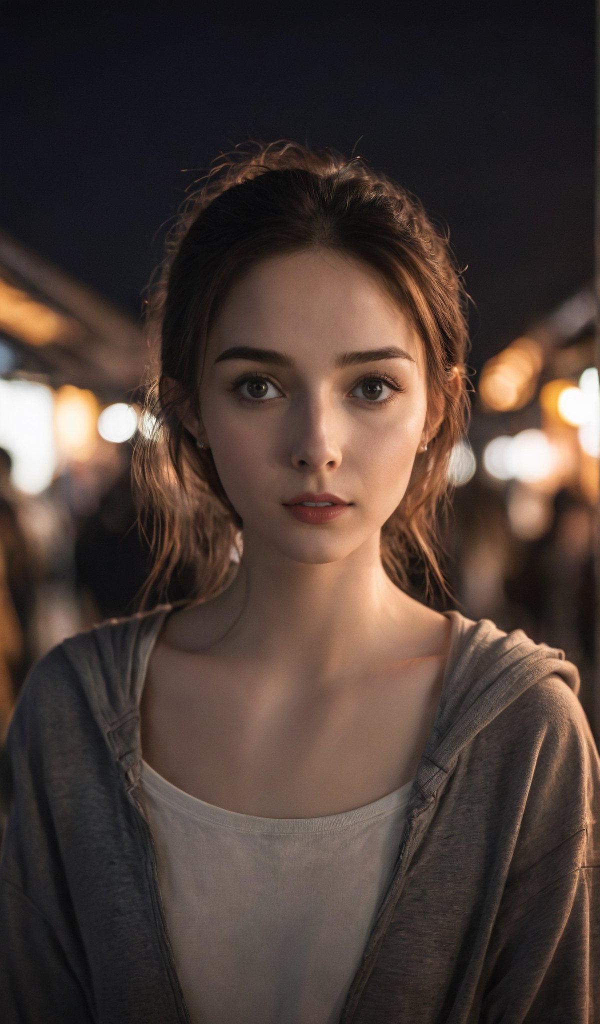 A girl in a dark night market, with illuminated by warm lights. The whole atmosphere seems mysterious. (Cinematic lighting, ethereal light, intricate details, extremely detailed, incredible details, full colored), complex details, hyper maximalist, gorgeous light and shadow, detailed decoration, detailed lines. masterpiece, best quality, HDR, UHD, unreal engine. looking at the camera, fair skin, beautiful face, (beautiful eyes:1.5), perfect eyes, detailed eyes, beautiful nose, dim tones, cute. 