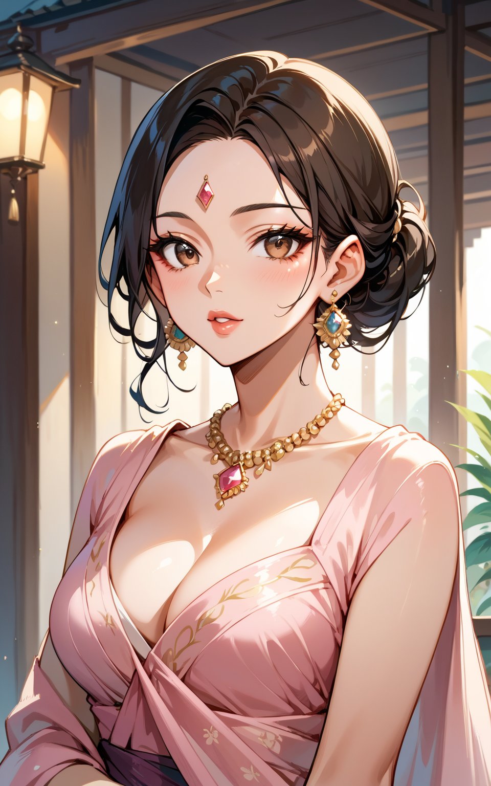 score_9,score_8_up,score_7_up, 1girl, solo, breasts, looking at viewer, brown hair, black hair, hair ornament, dress, sari, cleavage, brown eyes, jewelry, medium breasts, collarbone, upper body, earrings, necklace, hair bun, lips, makeup, pink sari, single hair bun, gem