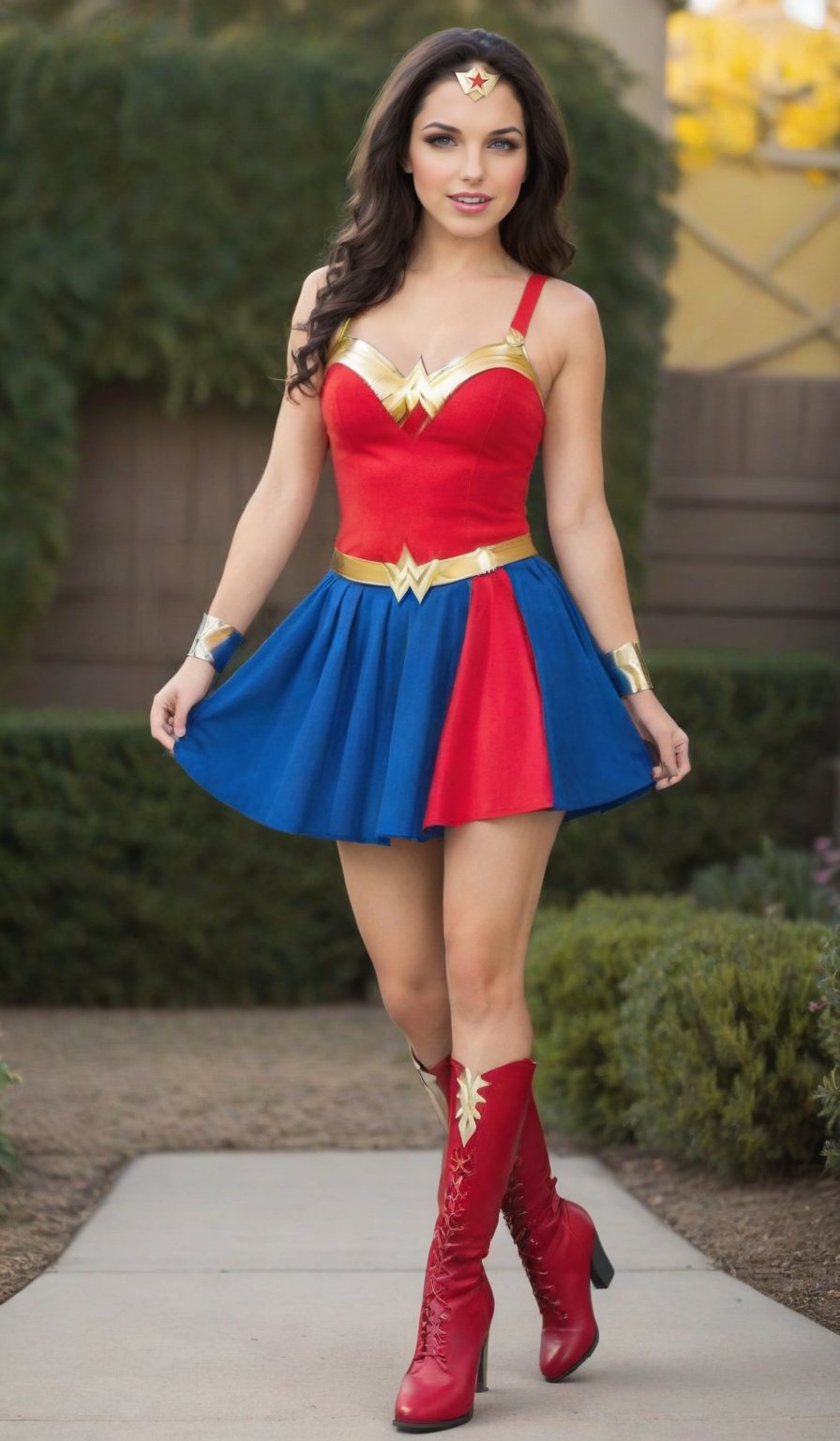 create a Wonder Woman cosplay character, His attire as follows:
Top: Use a red tank top or t-shirt. You can enhance it by adding the Wonder Woman emblem using gold duct tape or fabric paint.
Bottom: Pair it with a blue skirt or shorts. Decorate with white star stickers or fabric cutouts.
Accessories: Make a gold tiara from cardboard or gold foil. Create wristbands using gold craft foam or paper towel rolls wrapped in gold tape.
Footwear: Opt for red boots or heels to complete the look.
Lasso: Use gold rope or cording to mimic Wonder Woman's lasso.
This costume can be customized based on available materials and personal style preferences.