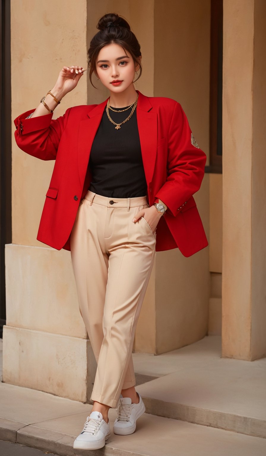 1girl, solo, brown hair, jewelry, jacket, ponytail, pants, necklace, watch, realistic, wristwatch, red jacket, black formal pant, White sneakers