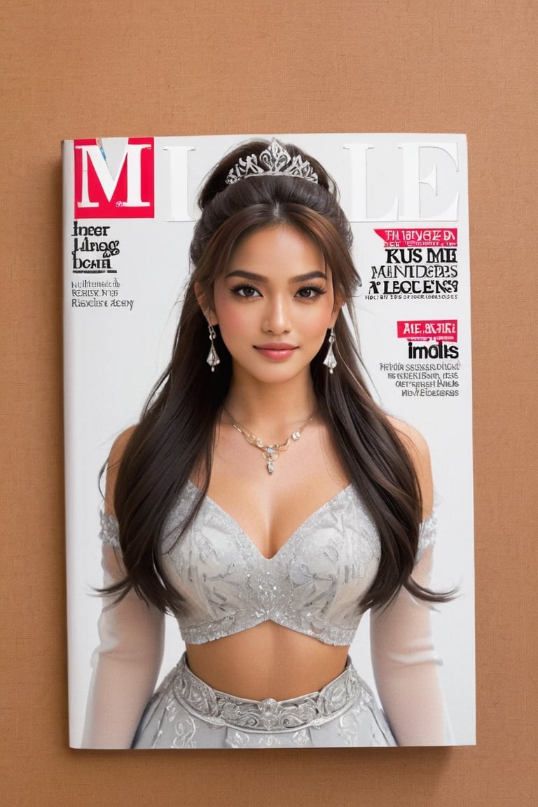 1girl, solo, long hair, princess_attire, simple background, hair, black hair, white background, jewelry, ponytail, earrings, midriff, necklace, ((magazine cover)). 