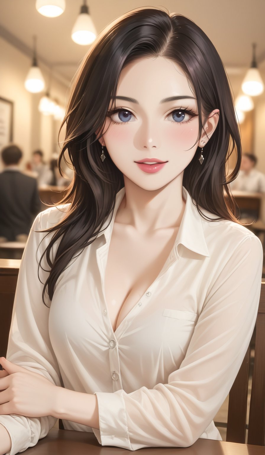 Photo of beautiful woman, in a white shirt, with long black hair, sitting in a cafe, with sharp focus on her face, in bright lighting, photorealistic, taken with a Canon EOS R7 camera, Portrait photography --ar 7:13 --s 750 --c 1 --v 6.0 --style raw