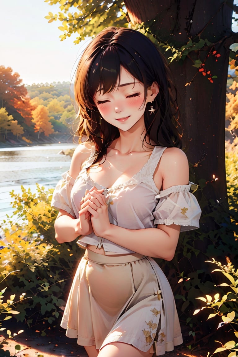 1girl, solo, long hair, blush, smile, bangs, skirt, brown hair, shirt, black hair, bare shoulders, jewelry, closed mouth, standing, collarbone, closed eyes, white shirt, cowboy shot, earrings, outdoors, tree, ^ ^, own hands together, facing viewer, long skirt, yellow skirt, photo background