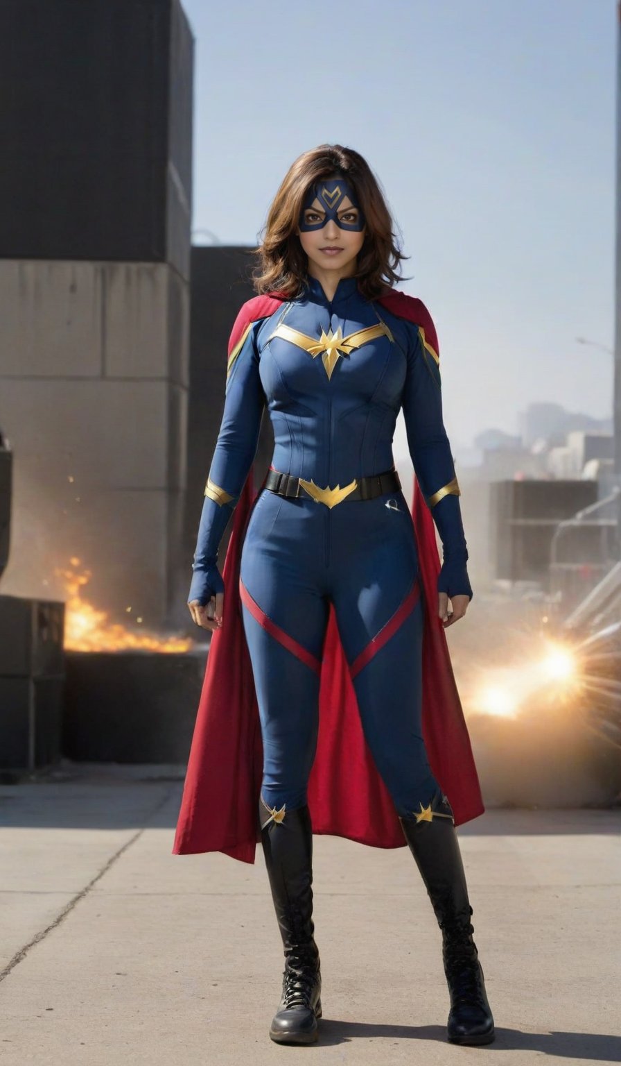 Kamala Khan's Ms. Marvel costume is a unique and meaningful design that pays homage to her superhero inspiration Carol Danvers while also reflecting Kamala's own identity and heritage. Here's a detailed description of the costume:
The most eye-catching feature is the large golden lightning bolt emblazoned on her chest, which ties Kamala's costume directly to Carol Danvers' previous Ms. Marvel outfit. This symbol represents Kamala's connection to Carol, one of her favorite heroes and a major inspiration for her own superheroics.
The costume's color scheme of red, blue, and yellow also hints at legacy, drawing comparisons to Superman's iconic look. However, the silhouette is decidedly modern, with a form-fitting leotard, tights, and boots.
Subtle cultural details have been incorporated into the fabric, such as South Asian-inspired prints and textures. Kamala also wears a red scarf called a dupatta, which adds an authentic touch from her heritage.
The costume is both practical and modest, with Kamala wearing comfortable Chuck Taylor sneakers and a salwar kameez-inspired dress that provides coverage. This is a refreshing change from the often impractical and overly sexualized costumes given to female superheroes.
Overall, Kamala's costume manages to create the necessary superhero iconography while also demonstrating who she is as a character. It ties her to the legacy of heroes who came before, represents her universe and loved ones, and reflects her identity as a young Pakistani-American