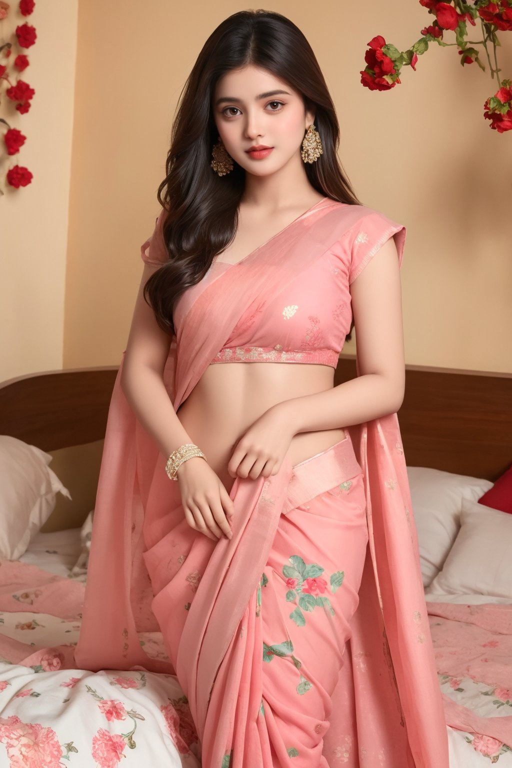 Aa Indian women,wearing pink saree,on the bed,bed is carefully decorated with red flowers and made heart on bed,a heart make of light tag on wall and written LOVE, beautiful girl,real,realistic,wear hearing