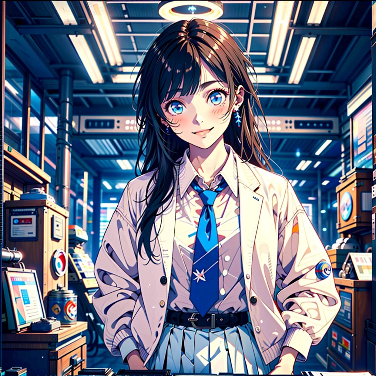 masterpiece, best quality, ultra-detailed, 1girl, chizuru, white jacket, white shirt, blue necktie, pleated skirt, halo, indoors, smile