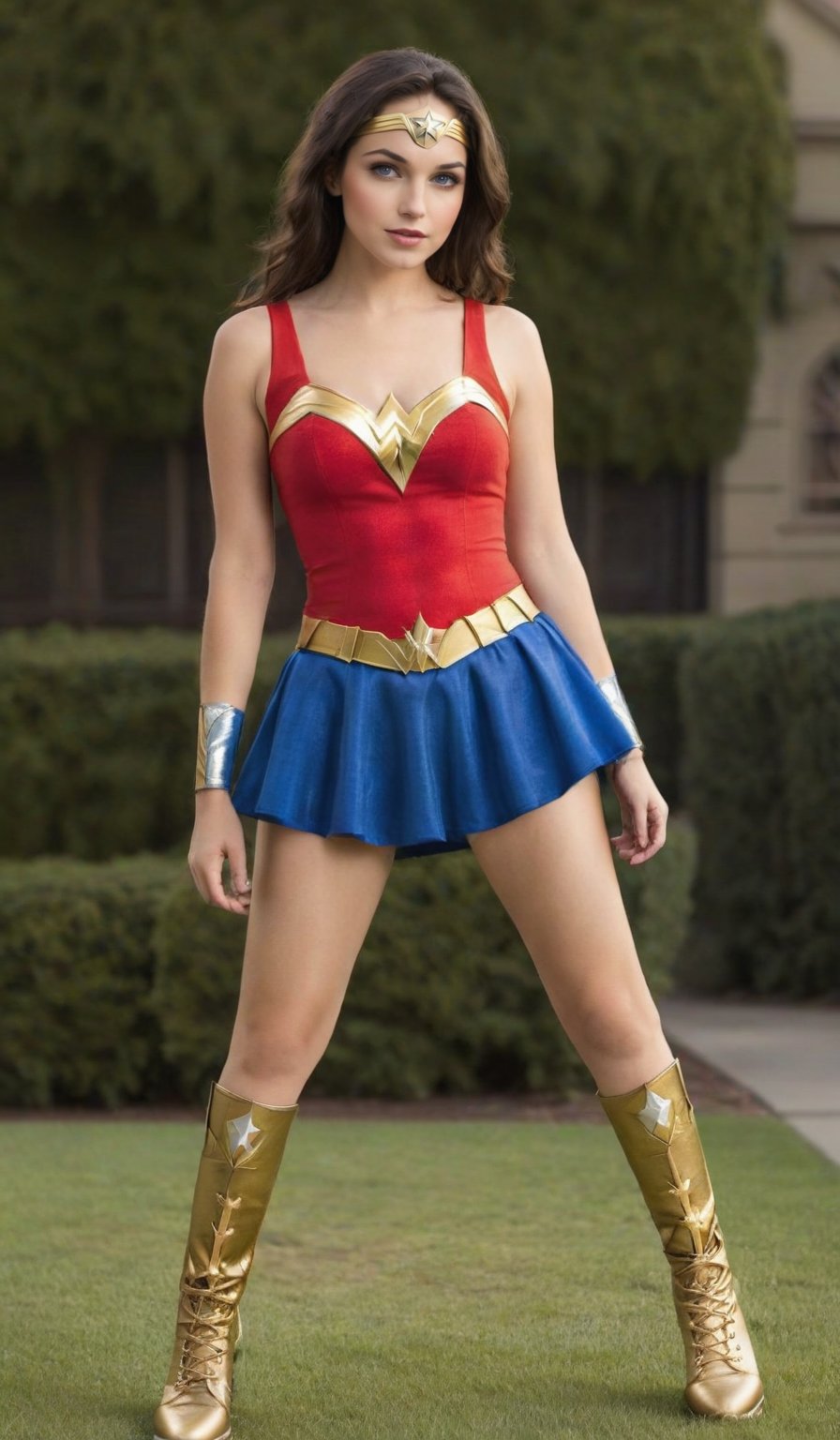 create a Wonder Woman cosplay character, His attire as follows:
Top: Use a red tank top or t-shirt. You can enhance it by adding the Wonder Woman emblem using gold duct tape or fabric paint.
Bottom: Pair it with a blue skirt or shorts. Decorate with white star stickers or fabric cutouts.
Accessories: Make a gold tiara from cardboard or gold foil. Create wristbands using gold craft foam or paper towel rolls wrapped in gold tape.
Footwear: Opt for red boots or heels to complete the look.
Lasso: Use gold rope or cording to mimic Wonder Woman's lasso.
This costume can be customized based on available materials and personal style preferences.