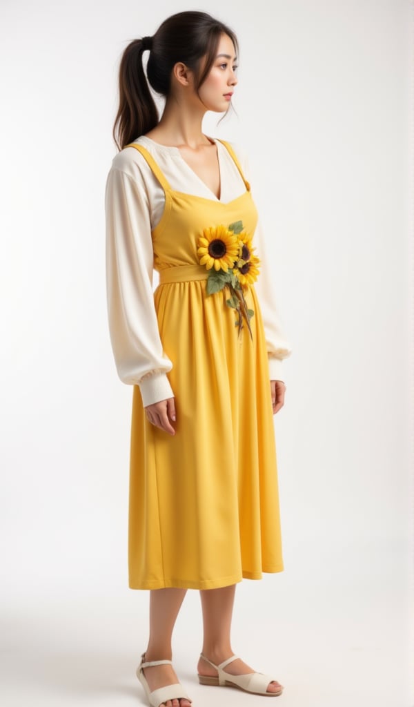 a woman stands against a stark white backdrop. She is dressed in a long sleeved yellow dress with a white shirt underneath. The dress is adorned with yellow sunflowers, adding a pop of color to the scene. The woman's hair is styled in a sleek bob, and her eyes are focused on the left side of the frame. Her hair is pulled back in a ponytail, and she is wearing a pair of white sandals. The backdrop is a solid white, creating a stark contrast to the woman's dress.