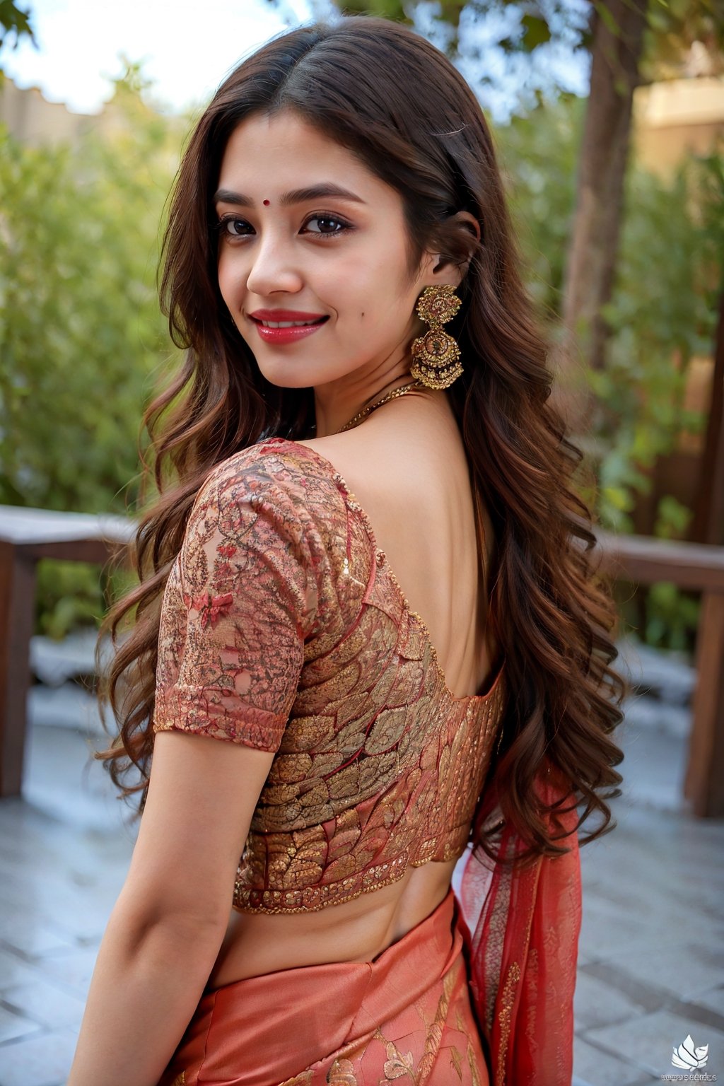 1girl, solo, long hair, looking at viewer, smile, black hair, dress, holding, brown eyes, jewelry, standing, earrings, looking back, from behind, saree, realistic, red lips