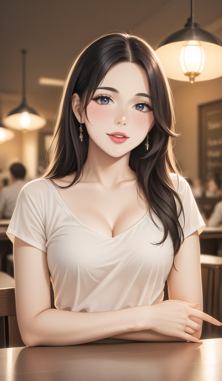 Photo of beautiful woman, in a white shirt, with long black hair, sitting in a cafe, with sharp focus on her face, in bright lighting, photorealistic, taken with a Canon EOS R7 camera, Portrait photography --ar 7:13 --s 750 --c 1 --v 6.0 --style raw