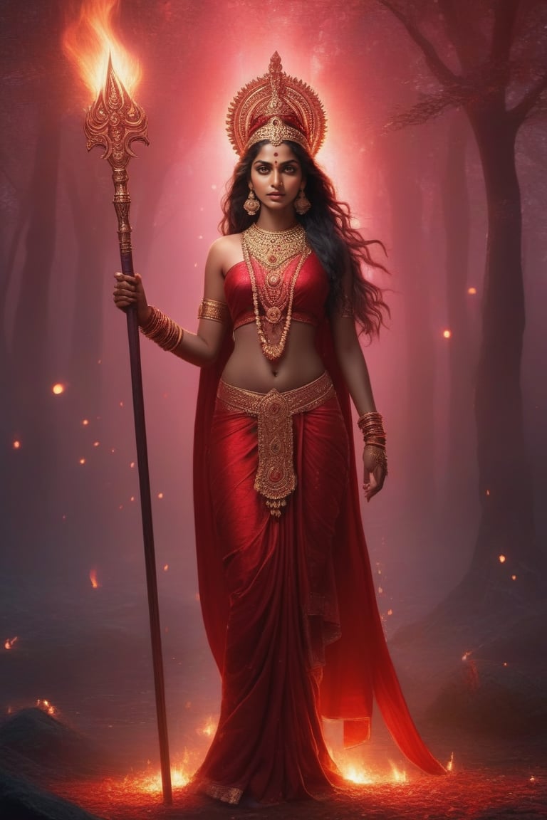 A darkened ritualistic clearing bathed in eerie crimson light, illuminated by flickering torches, as Indian goddess Kaali stands tall, her fierce eyes blazing with otherworldly intensity. Her dark skin glistens with sweat, adorned with sacred symbols and ornaments, as she raises her trident to the sky, her powerful legs spread wide, grounding her connection to the earth.