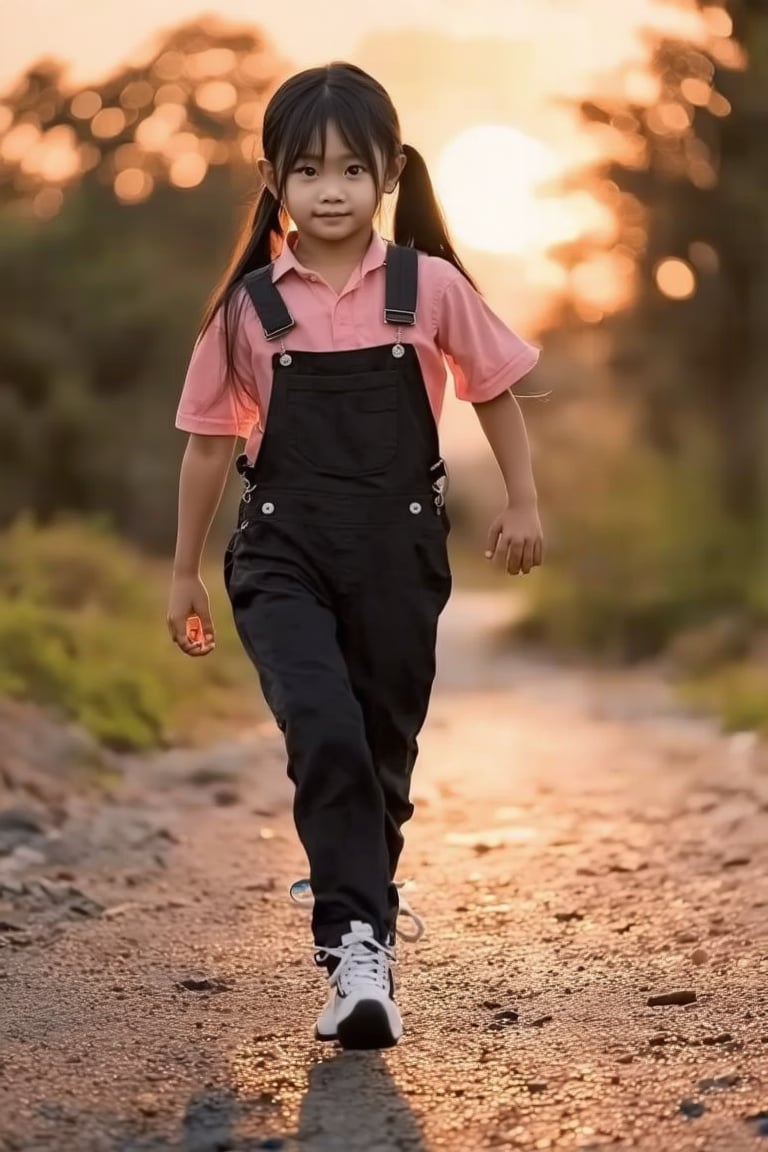 (((score_9, score_8_up, score_7_up, best quality, 4K, 8K, high-resolution, masterpiece, ultra-detailed, realistic, photorealistic))), 
(((1girl, solo, black hair, outdoors, shoes, sneakers, walking, sunset, running, realistic, sun, overalls))),(((high resolution, extremely sharp, ultra-real, extremely detailed, an ultra-realistic photograph captured with a Sony α7 III camera, equipped with an 85mm lens, depicting, The image, taken in high resolution.))) 