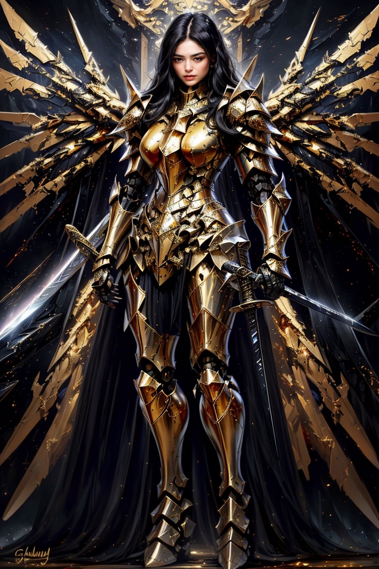 (masterpiece, best quality:1.2), Character design, ((1mecha girl, solo)), warrior of xian, slim body, medium chest, skinny waist, ((long black hair)). blue eyes. (((golden fantasy armor a female knight in a golden full armor))), (((big pauldrons, intricate details))), (((large armor wings))), (((advanced weapon fantasy plasma sword in right hand))), (standing), plain gray background, masterpiece, HD high quality, 8K ultra high definition, ultra definition,1 girl, Masterpiece