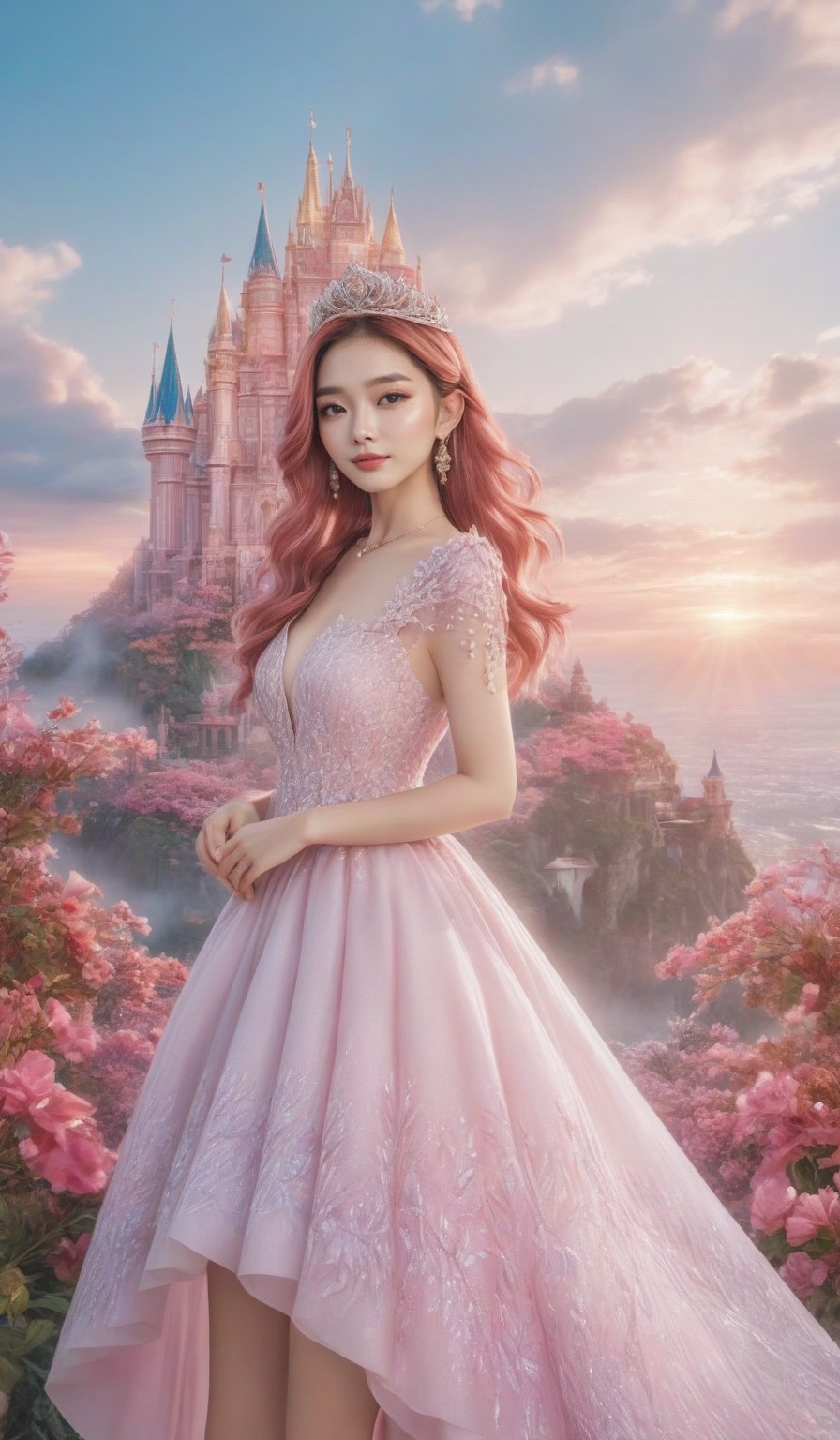 lighting art,fairy tale style,1girl,crown,tiara,colored hair,hair ornament,front,(pink short dress:1.2),microskirt,brown hair,flower,solo,jewelry,long hair,standing,pink flower,looking at viewer,trendy portraits,
dindar light,cloud,scenery,cloudy sky,
ray tracing,(best quality),extremely detailed 8K wallpaper,intricate detail,blur background,depth of field,the facial details are perfect,and the character details are exquisite,bright colors,clean background,Panoramic view,large aperture,pop Mart production,delicate gloss,8K gradient translucent glass melt,frosted glass,masterpiece,best quality,high resolution . 35mm photograph