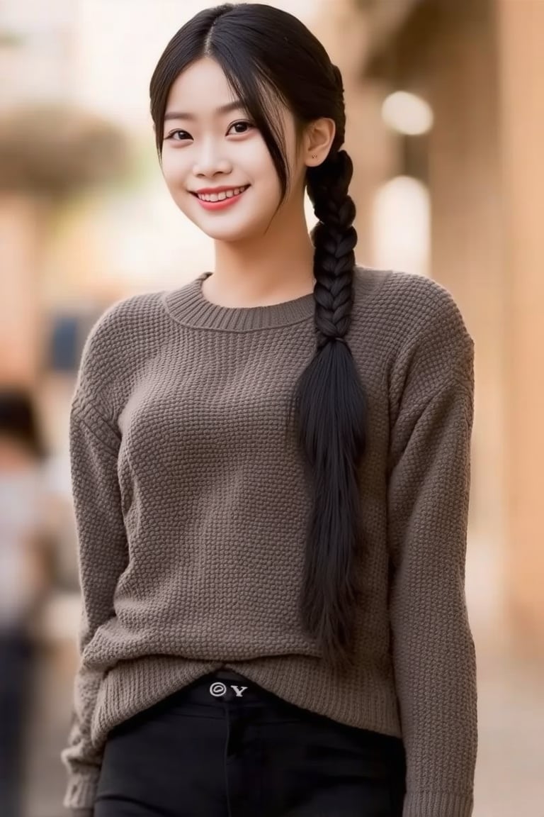 (((score_9, score_8_up, score_7_up, best quality, 4K, 8K, high-resolution, masterpiece, ultra-detailed, realistic, photorealistic))), 
(((1girl, solo, long hair, looking at viewer, smile, black hair, braid, teeth, pants, grin, blurry, sweater, single braid, blurry background, arms behind back, realistic))),(((high resolution, extremely sharp, ultra-real, extremely detailed, an ultra-realistic photograph captured with a Sony α7 III camera, equipped with an 85mm lens, depicting, The image, taken in high resolution.))) 