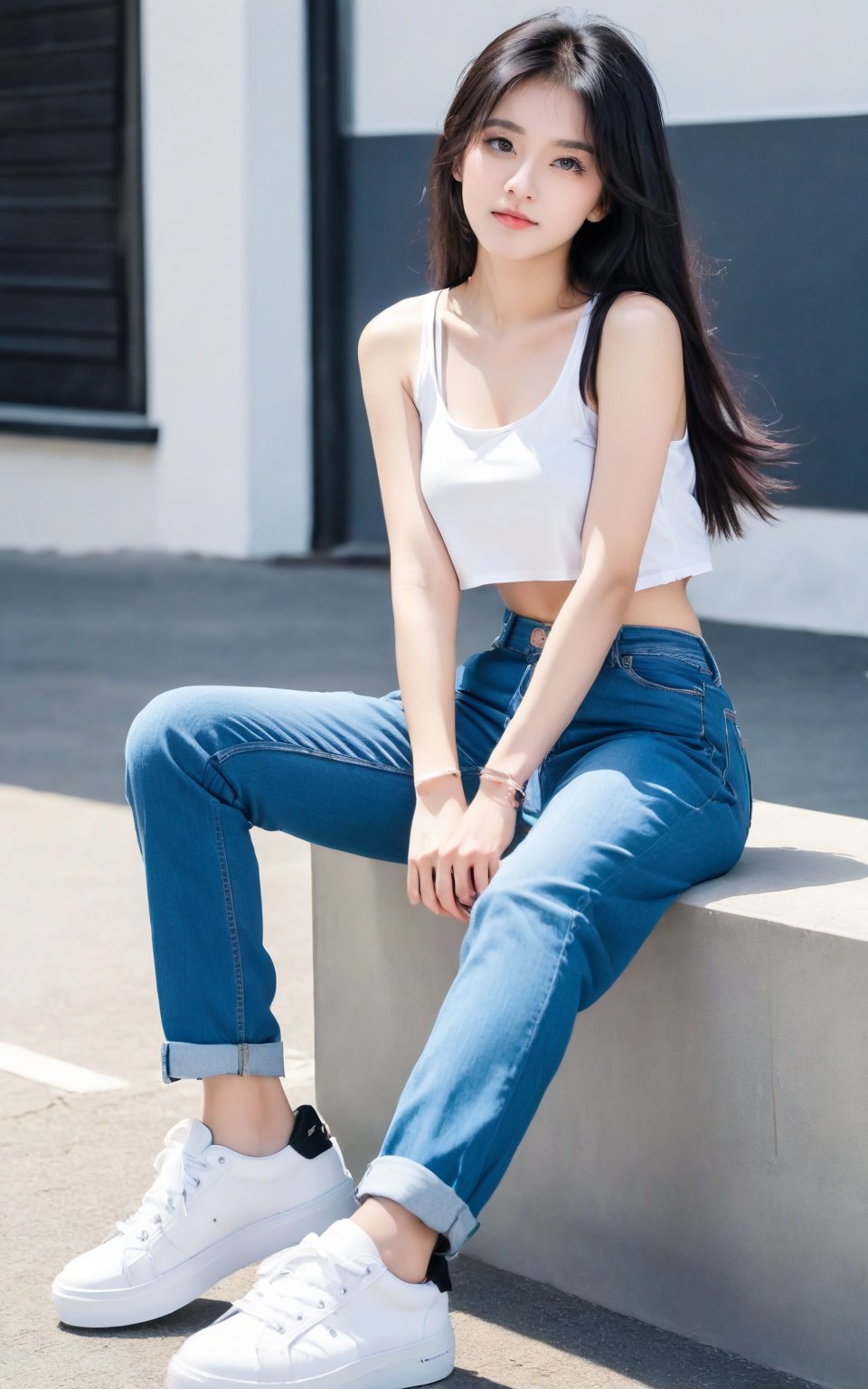 score_9,score_8_up,score_7_up, 1girl, solo, long hair, shirt, black hair, sitting, white shirt, outdoors, shoes, midriff, pants, blurry, legs, tank top, denim, sneakers, jeans, blue pants, white tank top, photo background