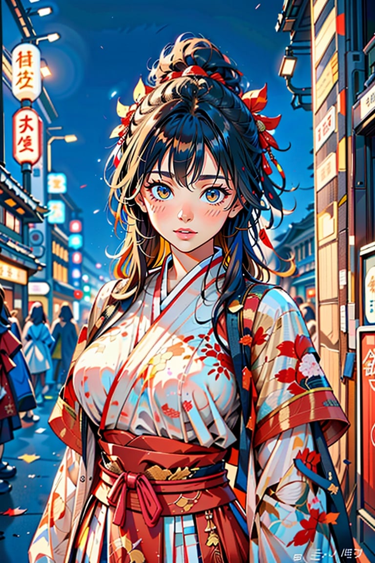 flat illustration of beautiful young Japanese woman weared in traditional Japanese_attire, messy hairstyle, background and drawning in Tim Berton style, close interweaving of realism and symbolism in cyberpunk style, pale neon lighting, dark shadows. aesthetic and beautiful picture, winner of various awards, trending on popular magazines, creative masterpiece, @imageized