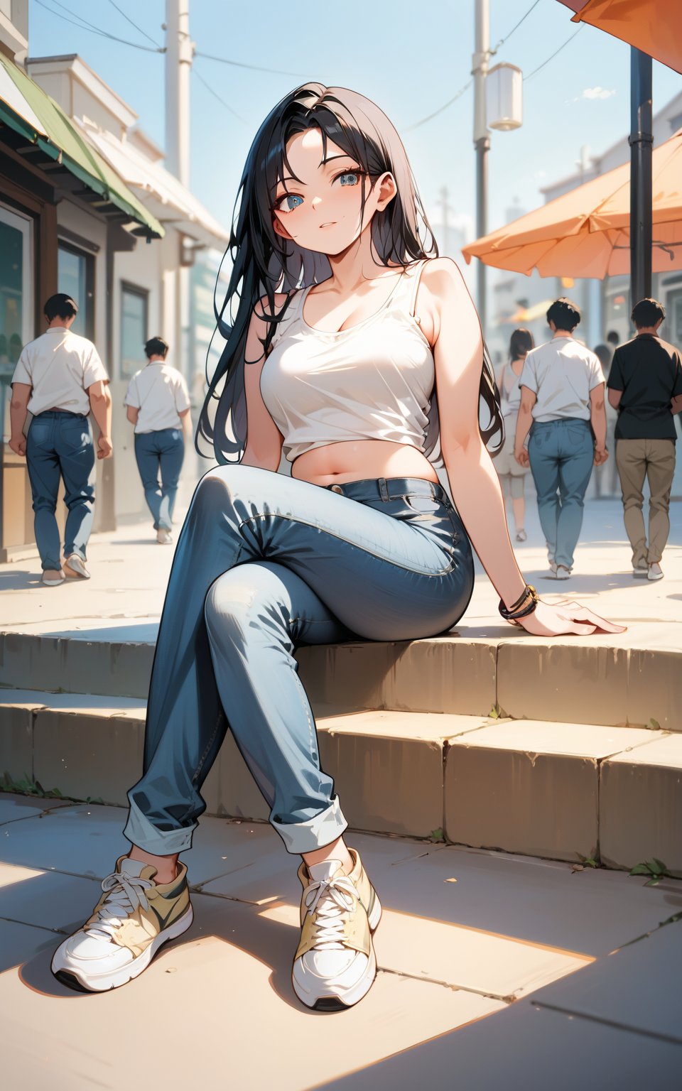 score_9,score_8_up,score_7_up, 1girl, solo, long hair, shirt, black hair, sitting, white shirt, outdoors, shoes, midriff, pants, blurry, crossed legs, tank top, denim, sneakers, jeans, blue pants, white tank top, photo background