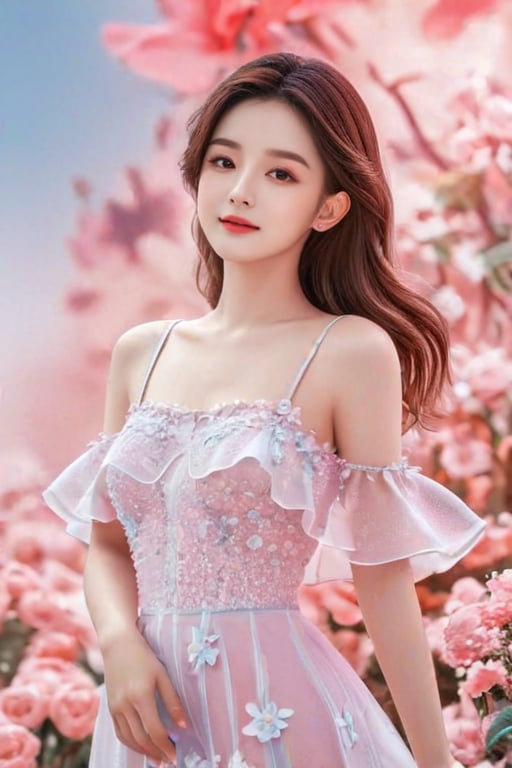 1girl beauty is standing on the flower,the facial details are perfect,and the character details are exquisite,trendy fashion clothes,trendy portraits,bright colors,clean background,3D cartoon style rendering,Panoramic view,large aperture,pop Mart production,delicate gloss,8K gradient translucent glass melt,frosted glass