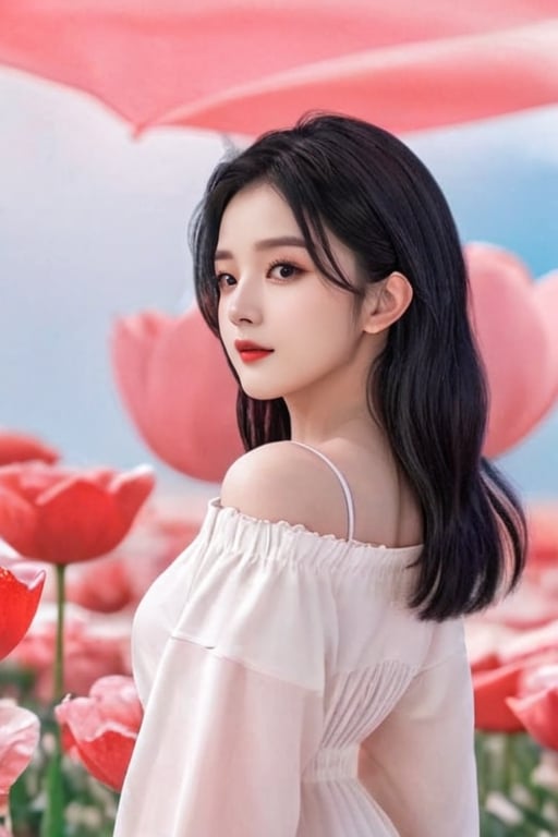 1girl , black hair, random hairstyle, beauty is standing on the flower,the facial details are perfect,and the character details are exquisite,trendy fashion clothes,trendy portraits,bright colors,clean background,3D cartoon style rendering,Panoramic view,large aperture,pop Mart production,delicate gloss,8K gradient translucent glass melt,frosted glass