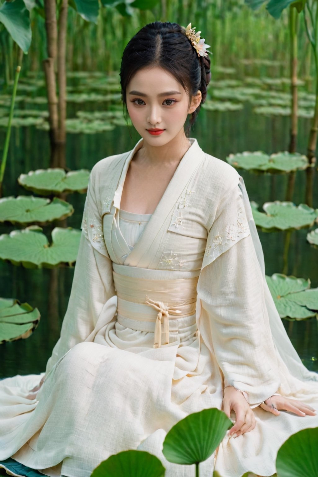 1girl, solo, black hair, long sleeves, dress, sitting, full body, flower, artist name, wide sleeves, hair bun, white dress, leaf, single hair bun, own hands together, red lips, lily pad, lotus, hanfu