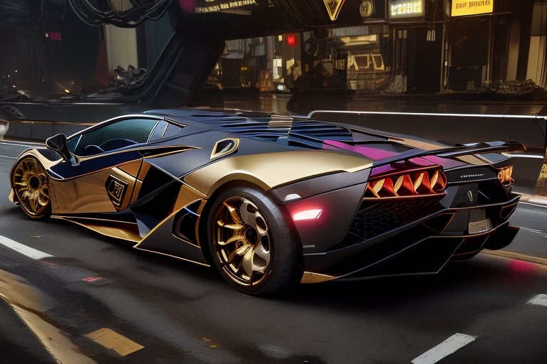 lamborghini, scifi, luxurious,  cyberpunk, car on a highway ,luxtech, luxurious,mecha,gold_trim and flat black, cyberpunk, photorealistic,mecha musume,MECHA