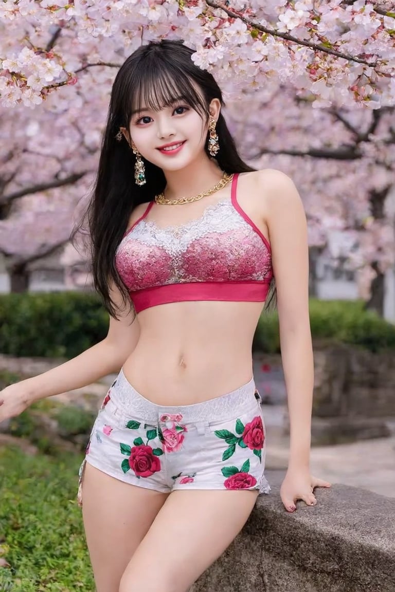 masterpiece, (photogenuineistic: 1.4), highest quality, beautiful lighting, outdoor, single girl, alone, jewelry, earrings, long hair, (black eye, Big seductive eyes:1.2)、big breasts, Scapula, Lips that shine with glitter,smile,genuine, bangs, golden ratio face、colored stone necklace, (outdoor、palace、pillar、lots of cherry blossom trees、SakuraFubuki:1.4)、(big breasts、emphasize the chest:1.8),(CG Unity 8k high definition wallpaper), Complex, high detail, sharp focus, dramatic, beautiful girl, Raw photo, 8k uh, film grain、 (Wearing colorful lace body-fitting sports bra、Shorts with roses printed、low rise、High leg:1.8)、(beautiful feet:1.2)