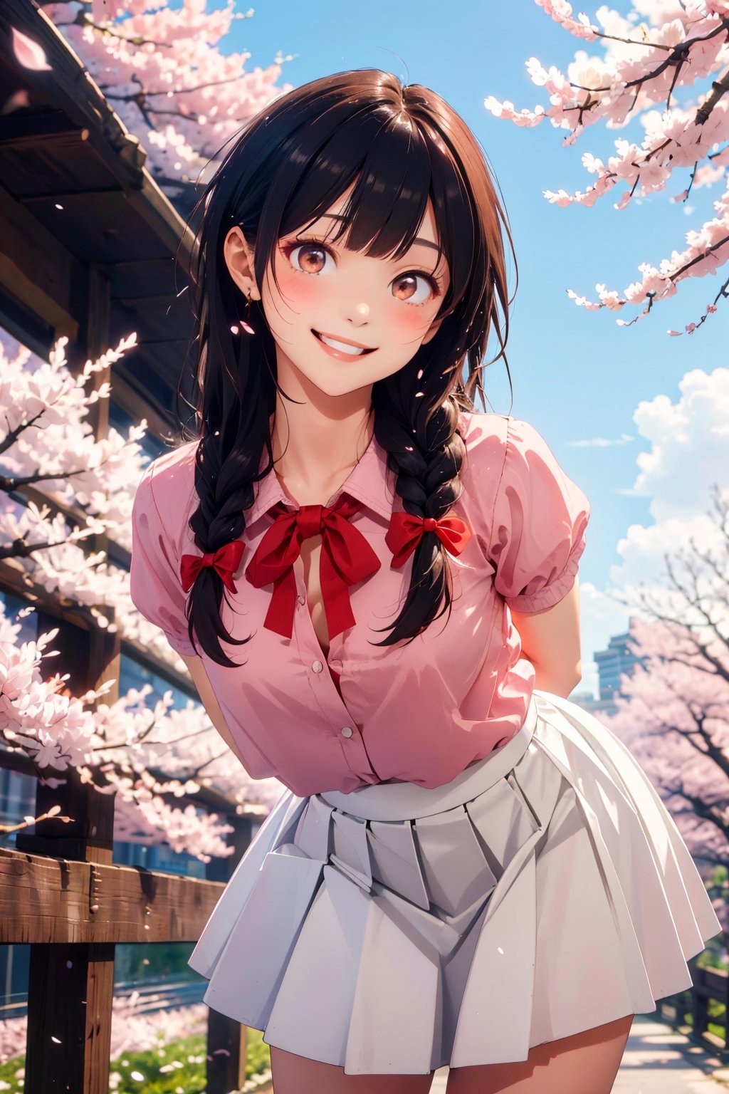 masterpiece, best quality, highres, chi1, 1girl, long hair, braid, one side up, solo, white skirt, red ribbon, pink shirt, pleated skirt, bangs, neck ribbon, puffy short sleeves, , arms behind back, leaning forward, smile, cherry blossoms, outdoors,