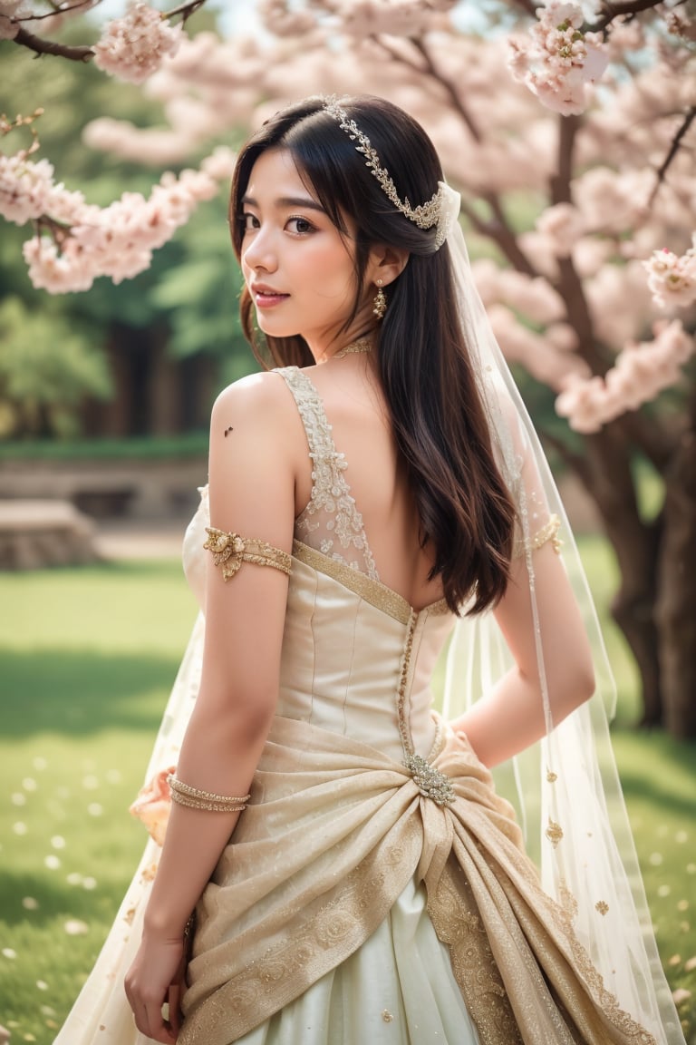 A serene outdoor setting, with cherry blossoms and meadows in full bloom. A radiant bride, dressed in a stunning gradient-hued wedding dress, stands amidst the natural beauty, her delicate facial features illuminated by soft, warm light. Her long, blonde hair flows gently in the breeze, as petals from the blooming trees float around her. The camera captures multiple angles, showcasing the intricate details of her outfit, including the transparent cloth draped across her shoulders and the bridal veil flowing behind her. Her eyes, a mesmerizing blend of blue and green, sparkle with joy. In the distance, angelic wings unfold from her back, as if she's about to take flight, surrounded by the breathtaking scenery.