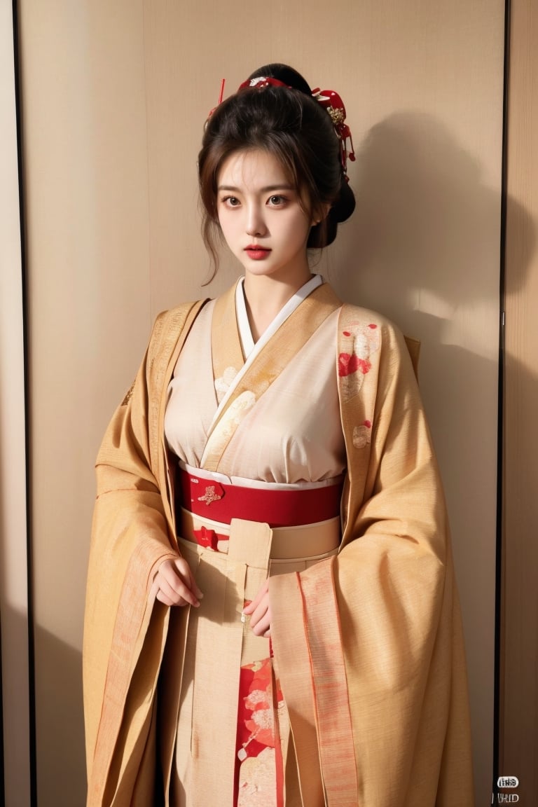 flat illustration of beautiful young Japanese woman weared in traditional Japanese_attire, messy hairstyle, background and drawning in Tim Berton style, close interweaving of realism and symbolism in cyberpunk style, pale neon lighting, dark shadows. aesthetic and beautiful picture, winner of various awards, trending on popular magazines, creative masterpiece, @imageized