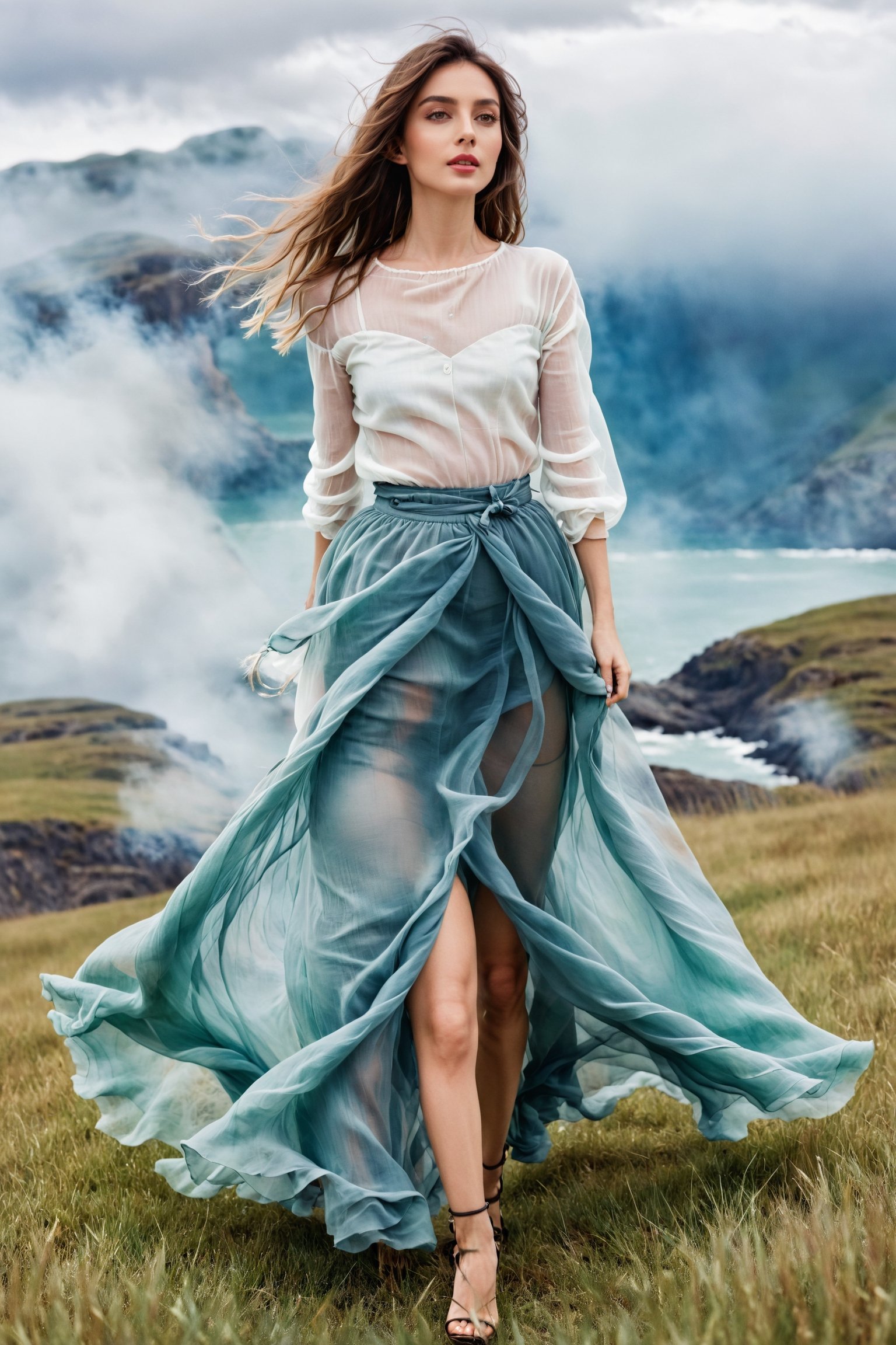 Inspired by photography from Vogue magazine, On a cloudy day, a woman is wearing a romantic transparent gauze, like clouds, a colorful long skirt, the woman's face is looming, the atmosphere is like smoke and a dream, it is indescribably beautiful.