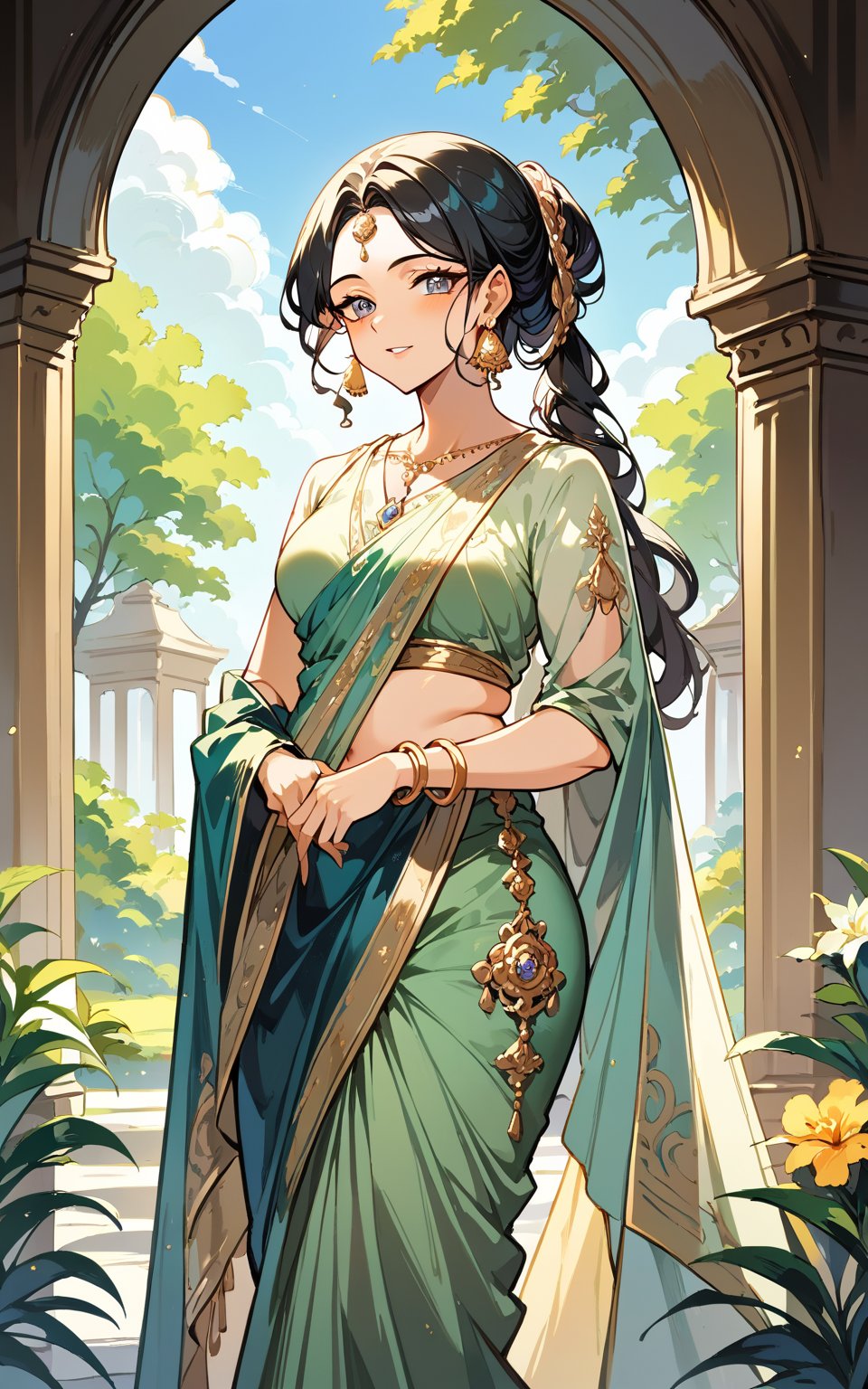 score_9,score_8_up,score_7_up, A striking portrait of an alluring, chubby Indian woman adorned in an intricately designed sari, walking amidst a lush, verdant landscape. The long, cascading ponytail frames her beautiful, black hair, and her ears glisten with exquisite, art nouveau-inspired earrings. The overall composition offers a marriage of realism and detailed craftsmanship, emphasizing the fashionable elegance of the subject while capturing the essence of traditional Indian beauty.