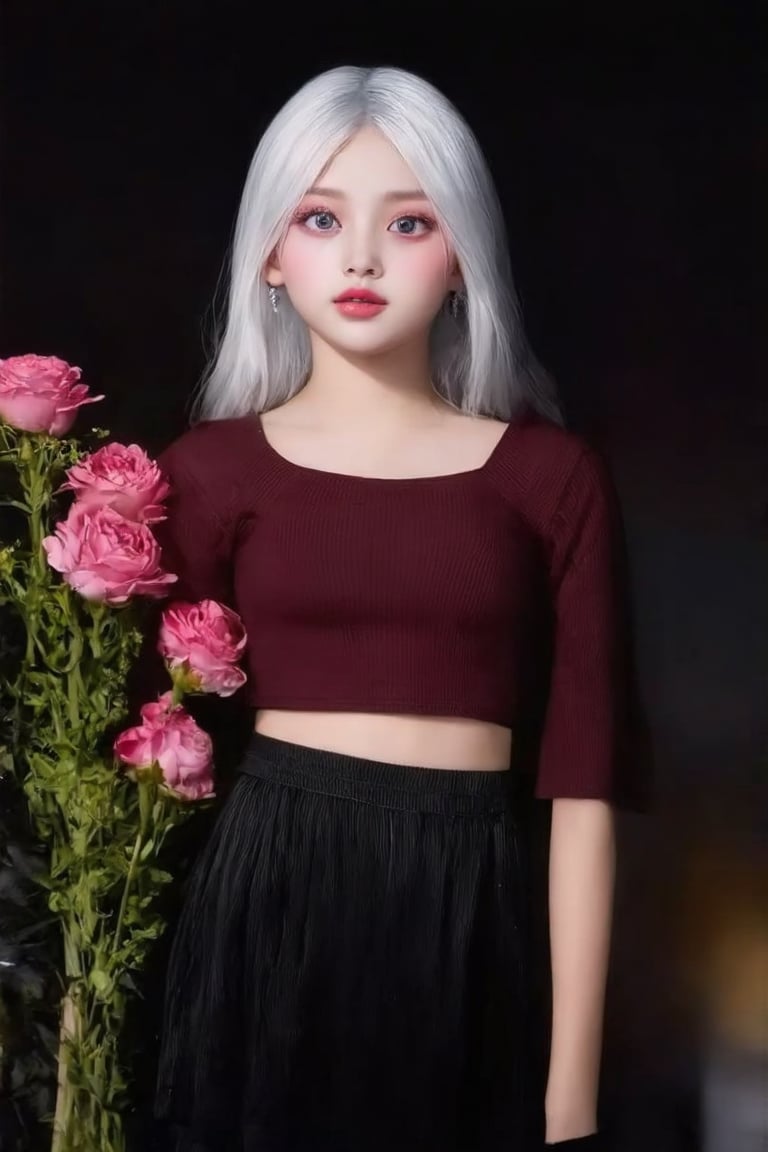 (((score_9, score_8_up, score_7_up, best quality, 4K, 8K, high-resolution, masterpiece, ultra-detailed, realistic, photorealistic, soft light, full-body_portrait))),(((realistic, 1girl, white hair, purple eyes, glowing eyes, crop top, skirt, parted lips, blush, night, flowers, sun, sunlight))),(((high resolution, extremely sharp, ultra-real, extremely detailed, an ultra-realistic photograph captured with a Sony α7 III camera, equipped with an 85mm lens, depicting, The image, taken in high resolution.))) 