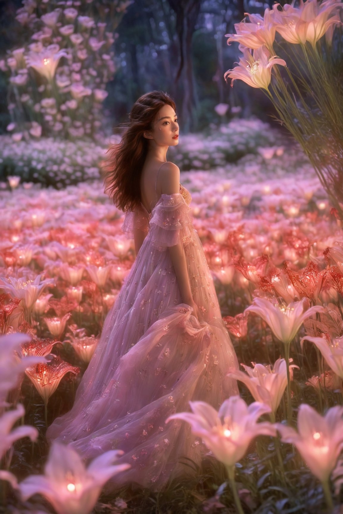 1girl, full body, high detailed, ultra realistic,  Bathed in ethereal moonlight, a figure stands amidst a field of spider lilies, their crimson whispers echoing the sorrow in their eyes. Butterflies, fragile yet determined, flutter around them, drawn to the moonlit beauty and silent lament. (Focus on melancholic ambiance, contrasting colors, and the butterfly's symbolic hope), Movie Still,Amethyst 