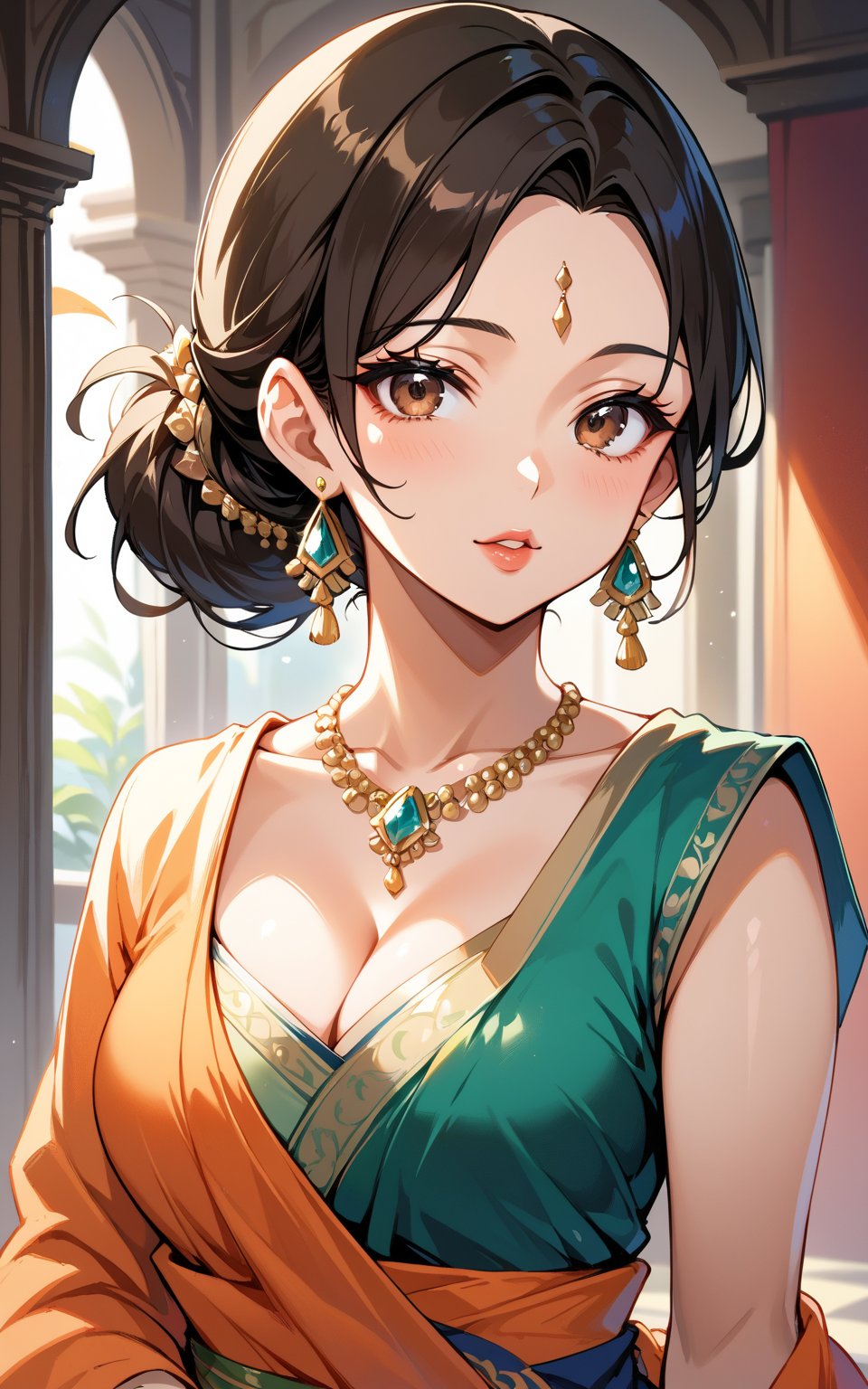 score_9,score_8_up,score_7_up, 1girl, solo, breasts, looking at viewer, brown hair, black hair, hair ornament, dress, sari, cleavage, brown eyes, jewelry, medium breasts, collarbone, upper body, earrings, necklace, hair bun, lips, makeup, sari, single hair bun, gem, full body, head to toe. 