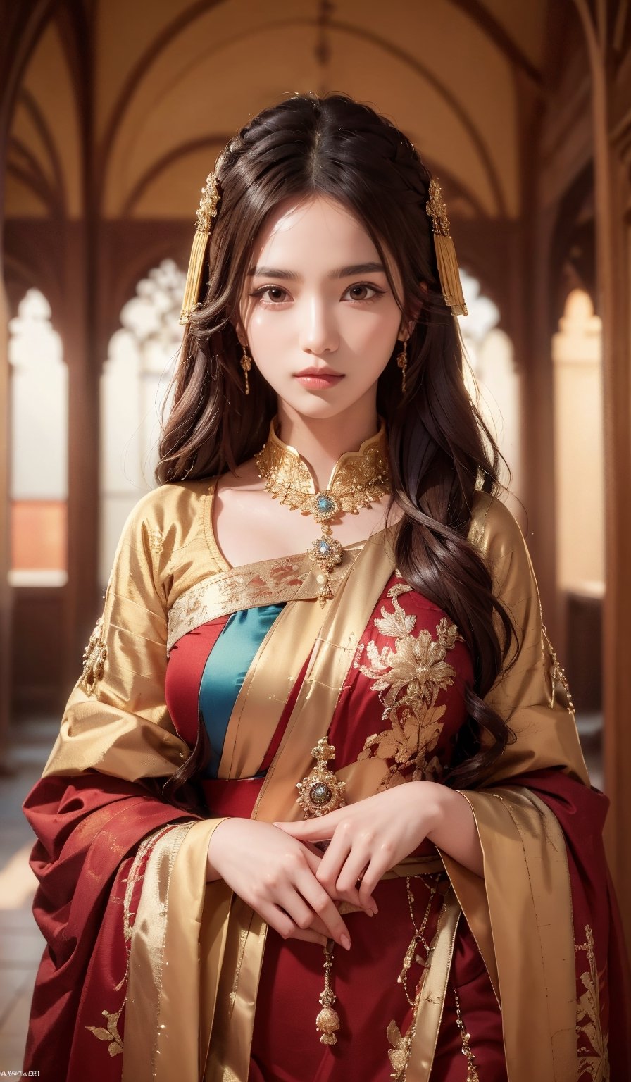 A Byzantine style girl in monastery. (masterpiece, top quality, best quality, official art, beautiful and aesthetic:1.2), (1girl:1.4), portrait, extreme detailed, highest detailed, simple background, 16k, high resolution, perfect dynamic composition, bokeh, (sharp focus:1.2), super wide angle, high angle, high color contrast, medium shot, depth of field, blurry background,,itacstl,3g3Kl0st3rXL