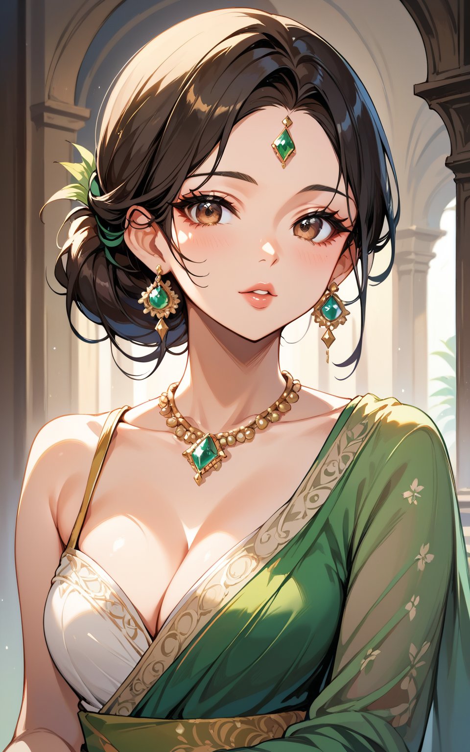 score_9,score_8_up,score_7_up, 1girl, solo, breasts, looking at viewer, brown hair, black hair, hair ornament, dress, sari, cleavage, brown eyes, jewelry, medium breasts, collarbone, upper body, earrings, necklace, hair bun, lips, makeup, green sari, single hair bun, gem