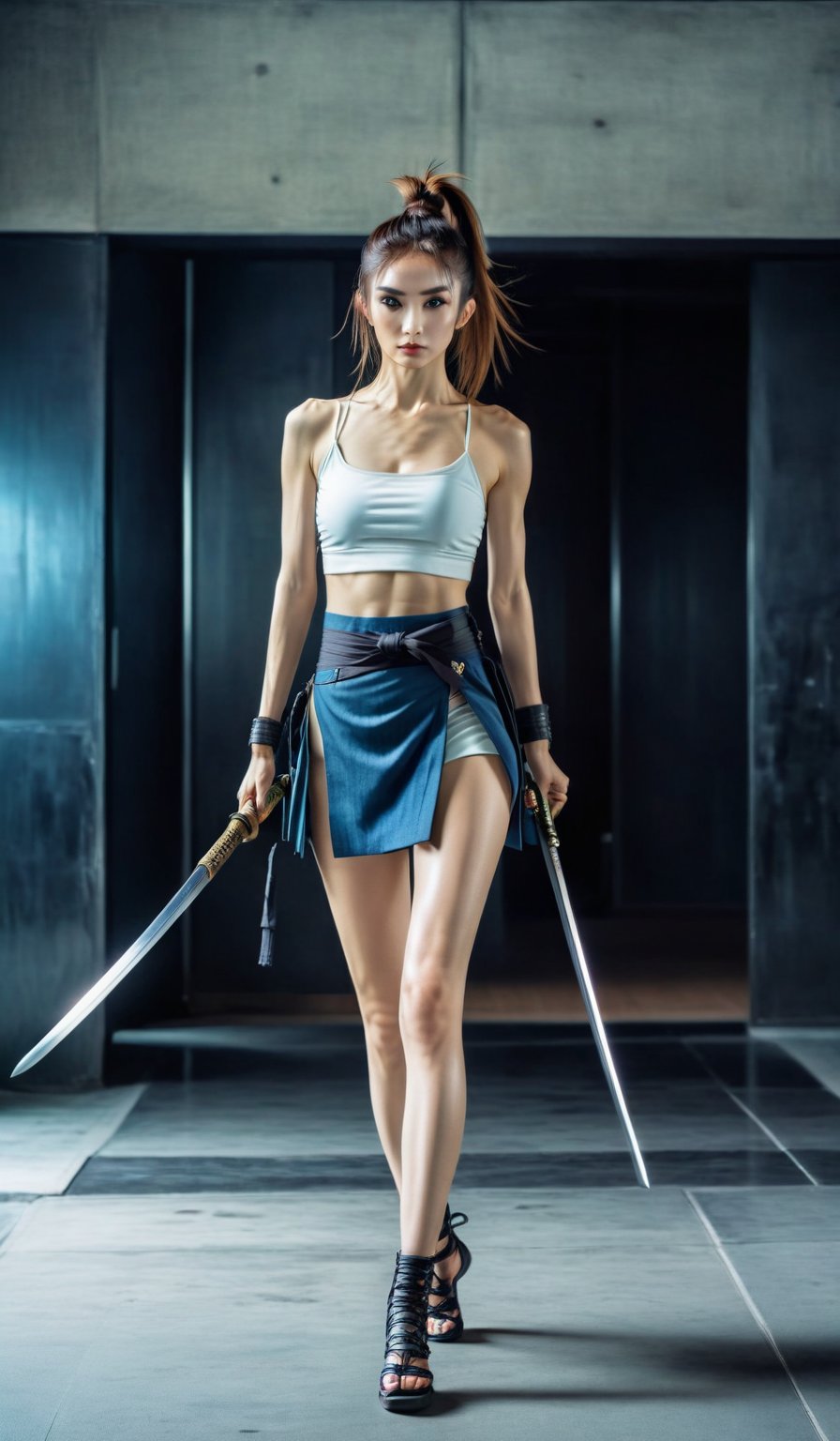 
A slender athletic girl with long legs, very high-heeled shoes, in her hand a long samurai katana sword, hair tied in a ponytail, in the style of Japanese cyberpunk, in Bangkok, photo below, in the style of Christopher Nolan, high quality photography, in an epic pose 