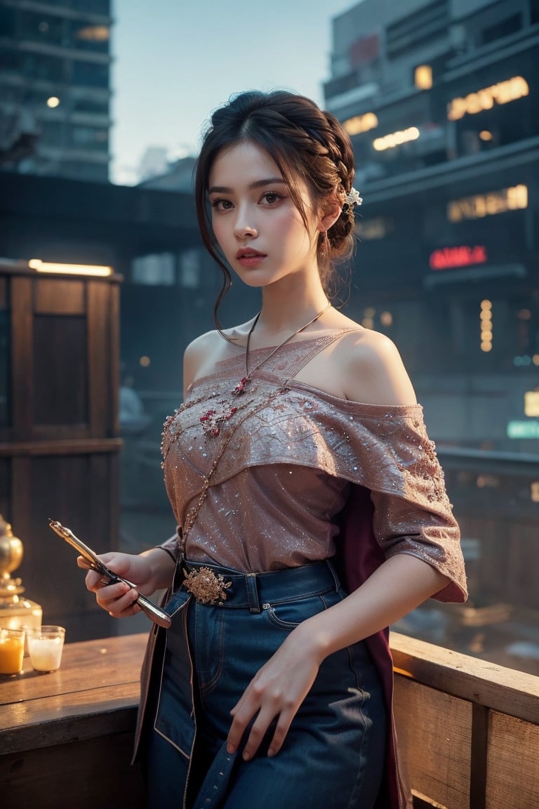 flat illustration of beautiful young thai woman weared in casual cute thai_attire, messy hairstyle, background and drawning in Tim Berton style, close interweaving of realism and symbolism in cyberpunk style, pale neon lighting, dark shadows. aesthetic and beautiful picture, winner of various awards, trending on popular magazines, creative masterpiece, @imageized